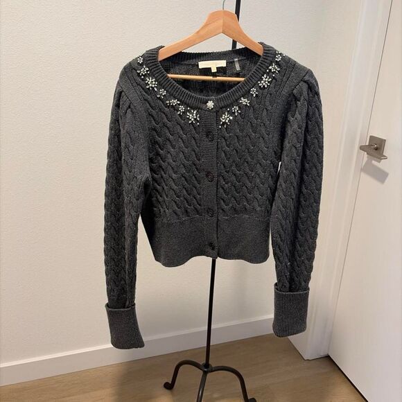 LoveShackFancy Sweaters - LoveShackFancy Charcoal Grey 100% Merino Wool Pearl Embellished Cardigan